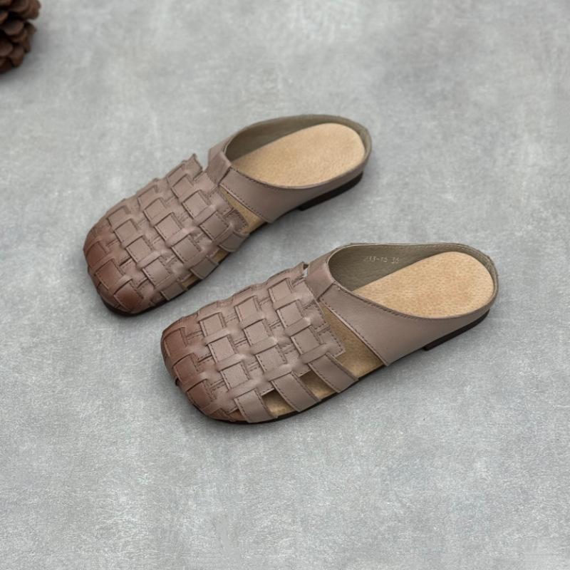 Johnature Genuine Leather Woven Slippers Handmade Comfortable Breathable Soft Soled Women's Slip-on Shoes