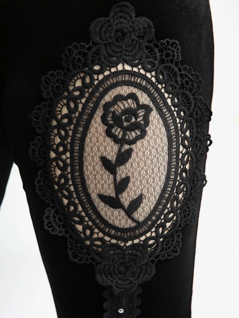 Rosegal Gothic Rose Blume Mesh Applikation Nieten Spitze Besatz Quaste Samt Schlaghose