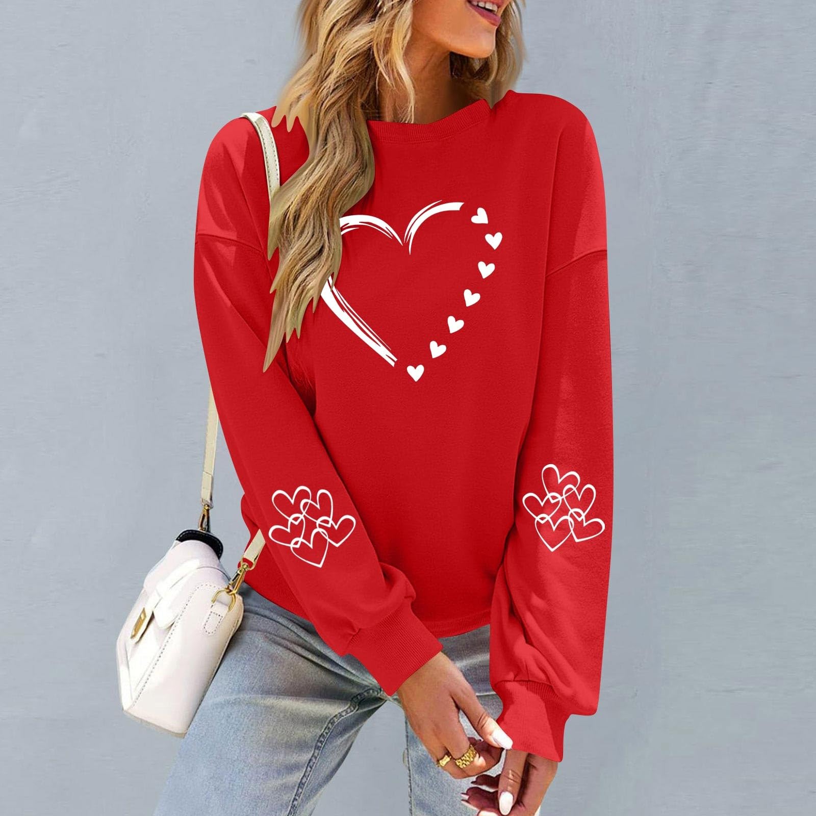 

Women s Fashionable Casual Long-Sleeved Neck Valentine s Day Print Pullover Sweatshirt XL червоний