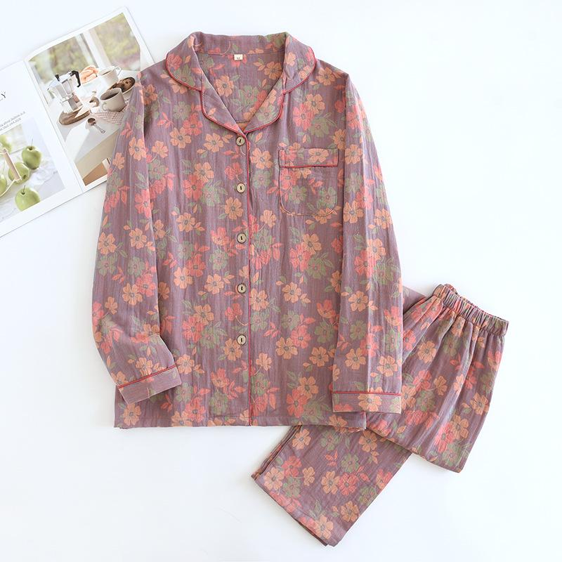 New 2024 Women's Floral Cotton Pajamas Set - Long-Sleeve, Turn-Down Collar, Double-Layer Gauze for Spring and Autumn.