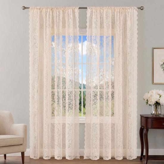 1 Panel Sheer Lace Curtain, Vintage Floral Lace Curtain with Rod Pocket, Light Filtering Window Curtain Panel for Living Room Bedroom Window Closet