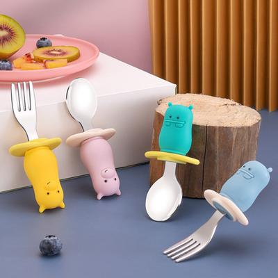 2Pcs/Set Baby Spoon Fork Round Shape Heat-resistant Food Grade Material Children Feeding Kitchen Utensil for Home