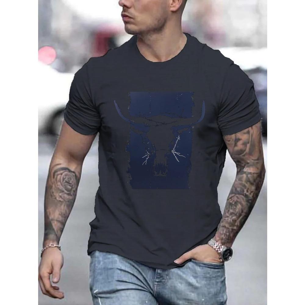 Sommar herr 100% ren bomull avslappnad lös stor storlek Västerländsk tjurhuvudmönster tryckt rundhalsad kortärmad T-shirt topp