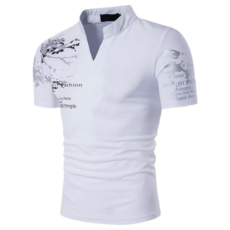 

Men Stand Collar V Neck Short Sleeve Slim Print Casual Summer Henley T Shirt Streetwear Tops S белый