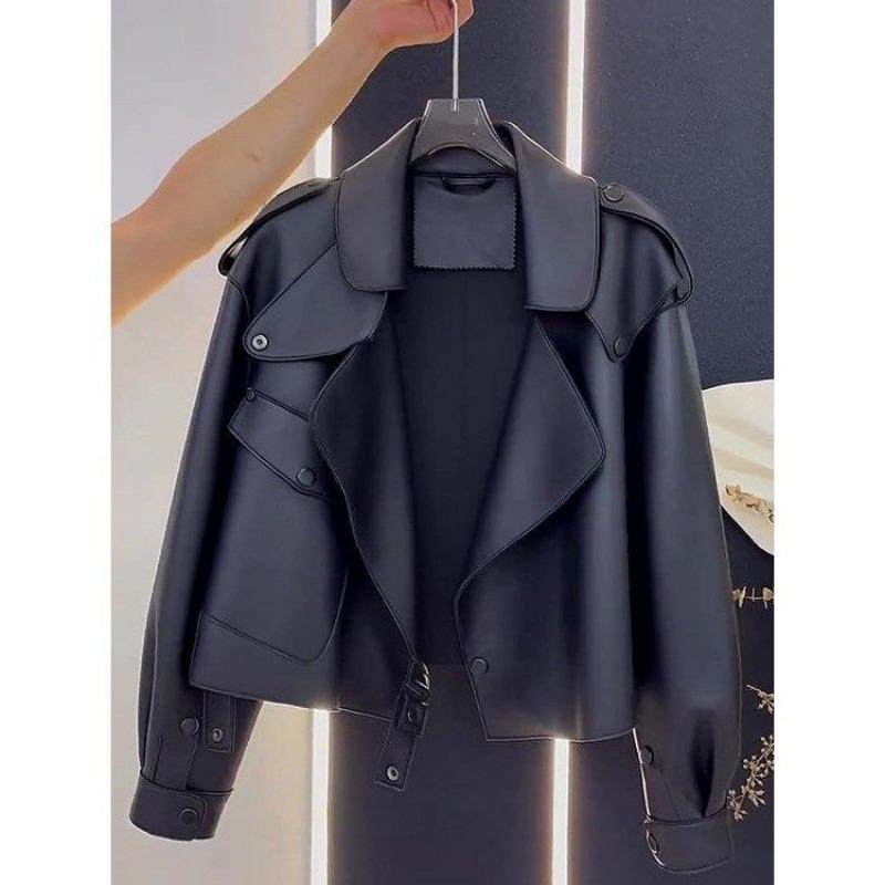 Spring and autumn design sense loose retro black leather jacket short jacket women small locomotive style