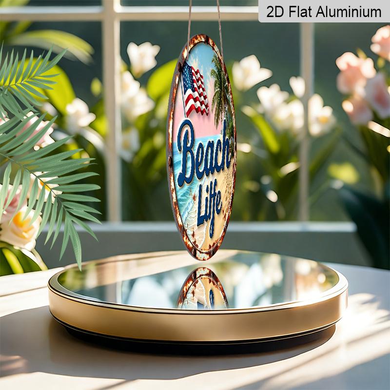 2D Flat, 1-Piece Round “Beach Life” Aluminum Hanging Sign, Patriotic USA Flag, Palm Tree, and Ocean Design, Rustic Coastal Metal Wall Decor, Perfect