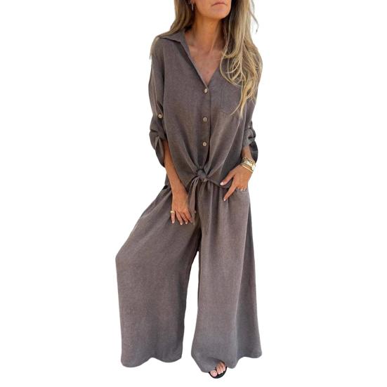 

Женский комплект из двух частей из хлопка и льна, топ с длинными рукавами и лацканами на пуговицах, подходящие к нему широкие брюки, повседневный комплект домашней одежды L серый