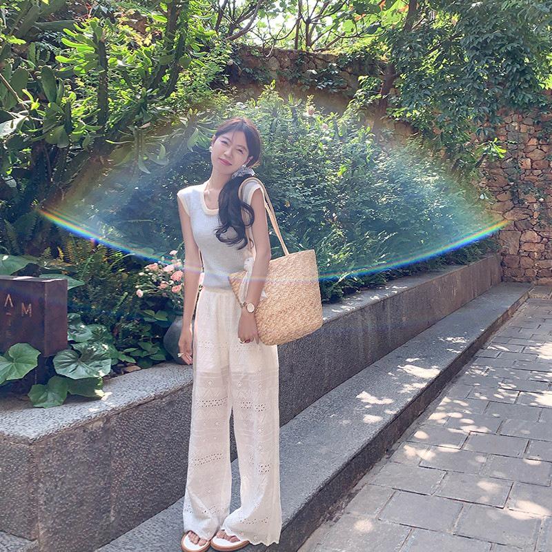 Zeng Xiaoxian White Lace Hollow Wide-Leg Women s Summer Pants Extra Small