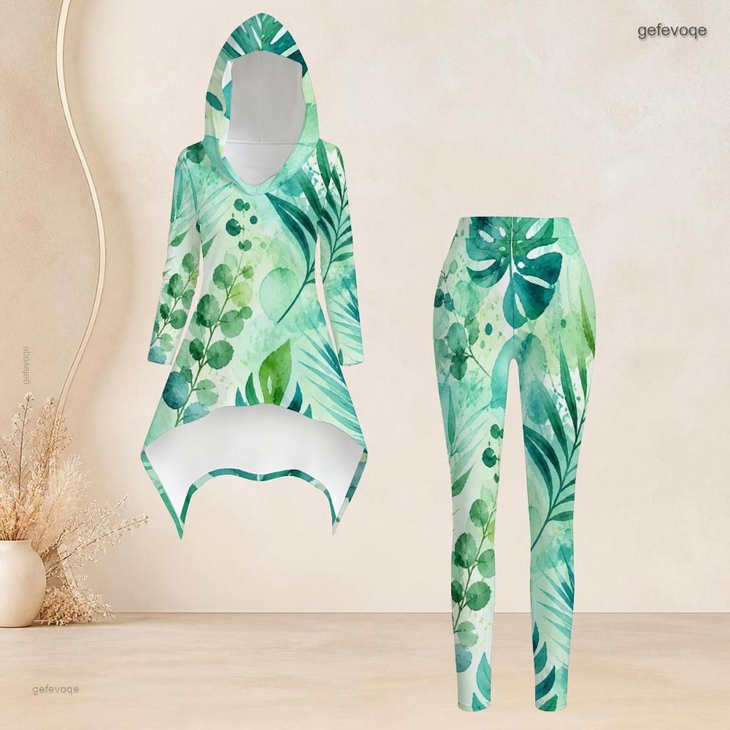 Women Plus Size Two Piece Set Hooded Long Sleeve High Low Top Tropical Leaf Printed Fitted Pants