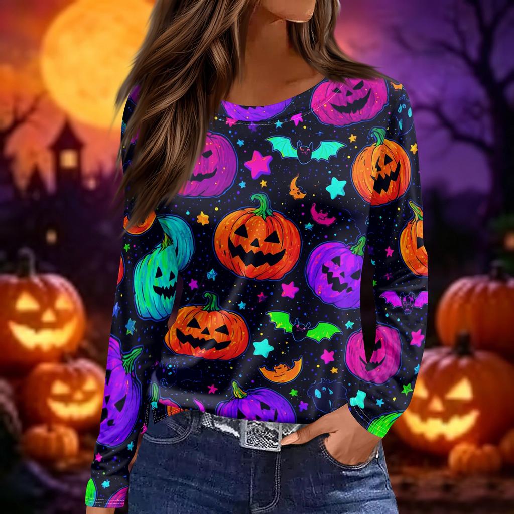 Women's Fashion Long Sleeve Top Crew Neck Halloween Print Split Hem Casual Shirt Lightweight Comfortable Fit
