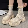 Thick Sole Floral Pattern Women's Beaded Bow Platform Mary Jane Shoes Japanese Style Lolita Pumps Beige Fashion Zapatos De Mujer