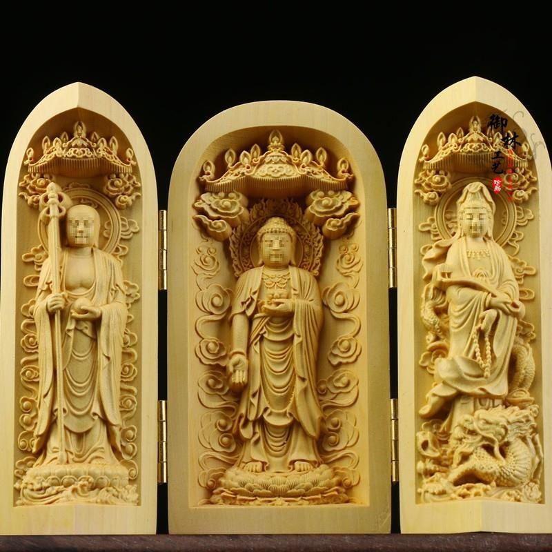 Boxwood Western Tři svatí Buddha Guanyin Masivní dřevo Přenosná třípanelová řezbovaná ozdoba