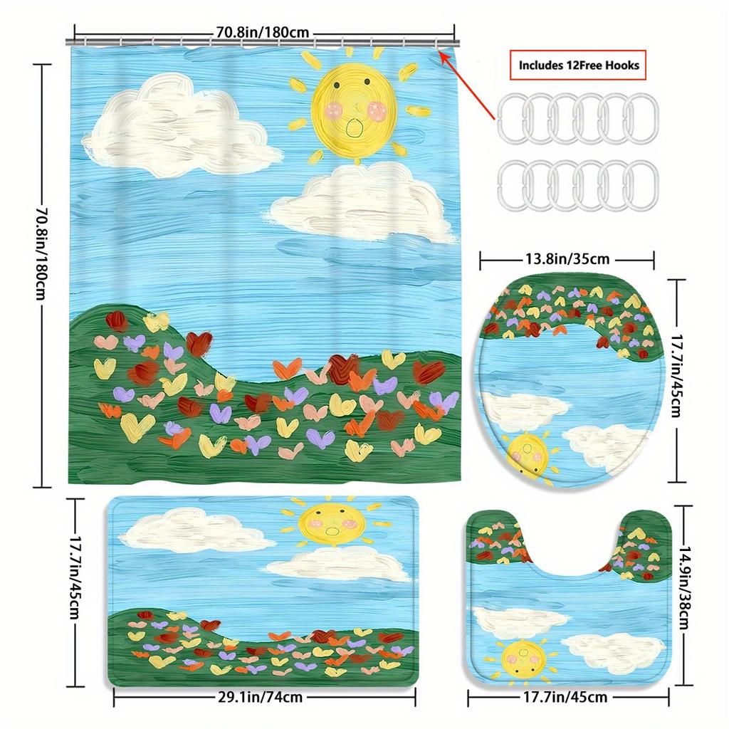 4pcs shower curtain set with 12 hooks - shower curtain, non-slip bath mat, toilet seat cover and U-shaped rug - machine