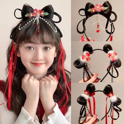 Tassel Children Wig Headband Flower Red Bow Hairband Lovely Chinese New Year Headwear  Children