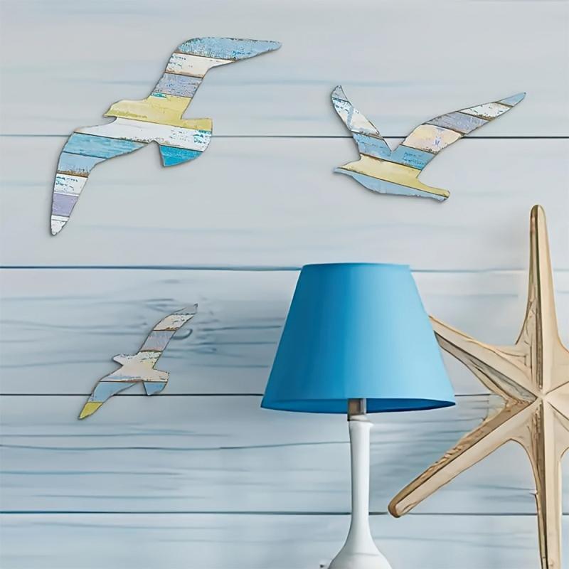 3-Piece Set Wooden Seagull Wall Decorations Nautical Coast Theme Retro Beach Marine Bird Living Room Bedroom Decoration