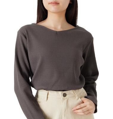 Happy Marilyn Plus Size Ribbed Lightly Long Warm Solid Simple Slightly Sizes Women's Top, Fleece-Lined, Sleeves, V-Neck, Color, Striped, Top, Loose,