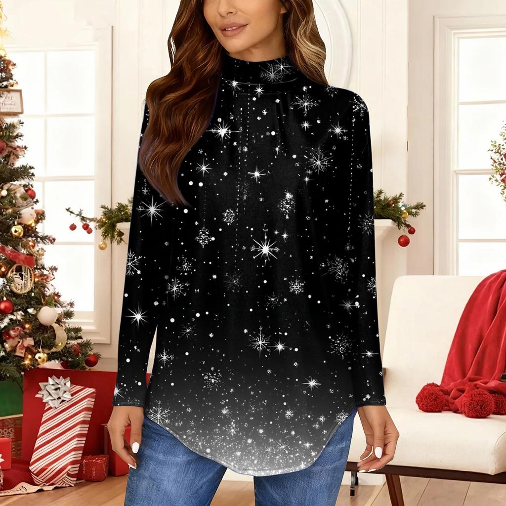 Women's Fashionable Loose-Fit High-Neck T-Shirt With Christmas Print Long-Sleeved Top