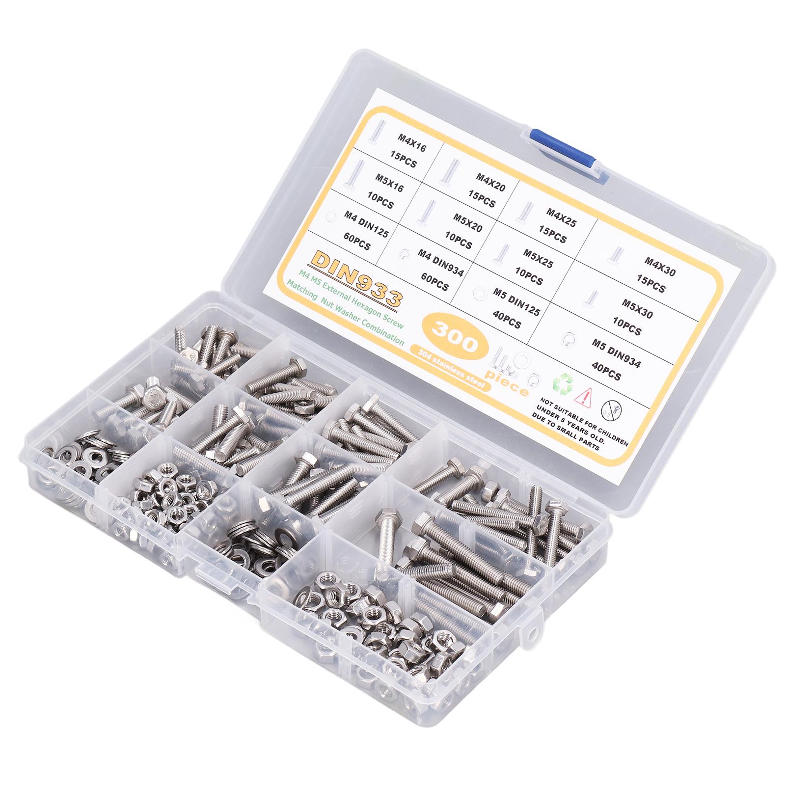 

300 шт. Винты из нержавеющей стали M4 M5 DIN933 Винты с шестигранной головкой Гайка DIN934 Шайба DIN125 для ремонта