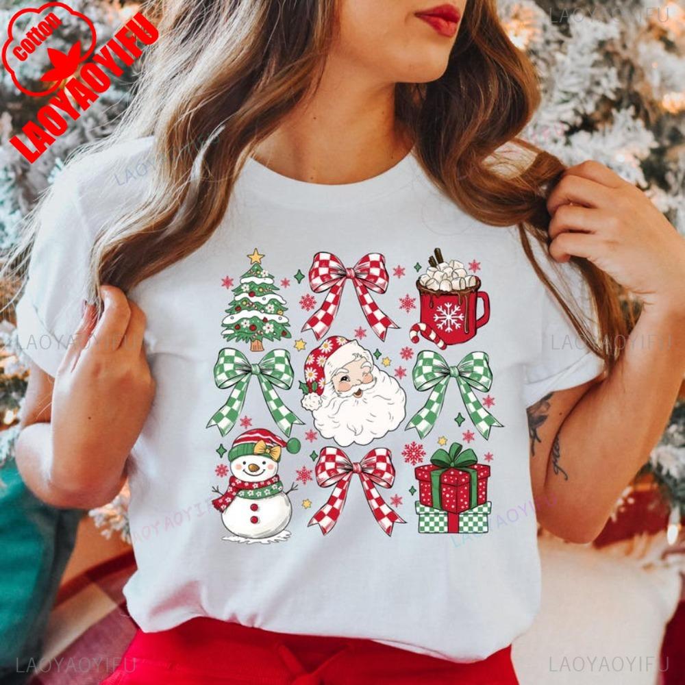 Christmas Party TShirt Cute Christmas EleUnisext Shirt Bow SnowUnisex Santa Claus Printed TShirt Xmas Gift Women Casual Cotton Tops