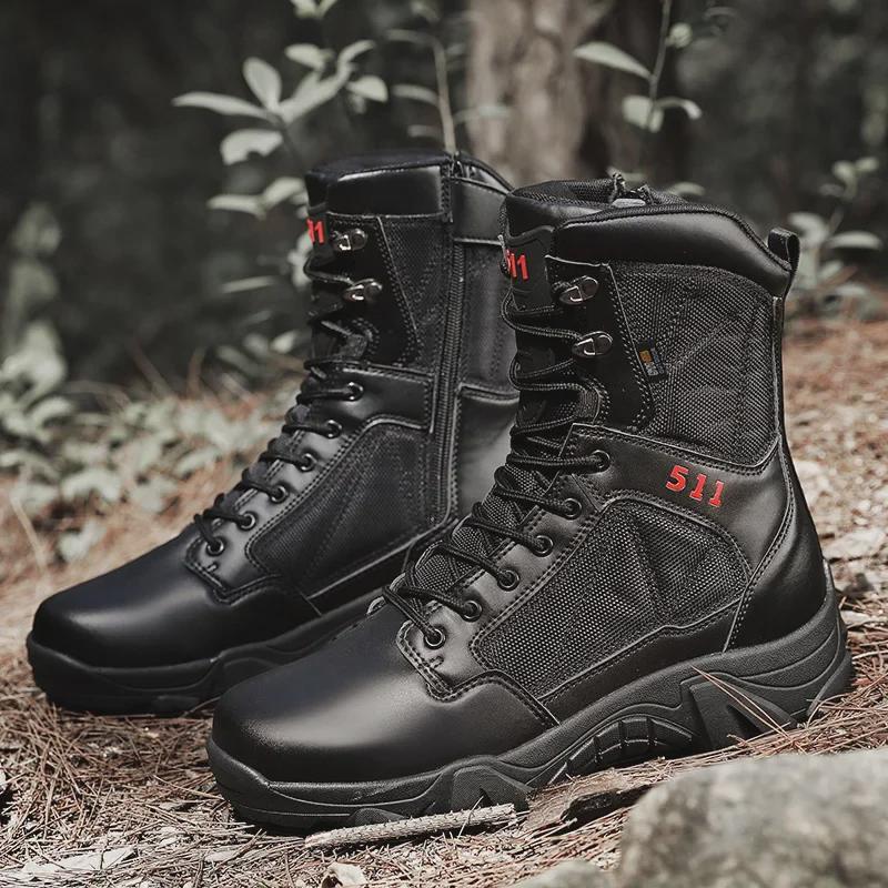 Men's High-Top Leather Outdoor Work Boots - Large Size, Lace-Up, Thick-Sole for Hiking, Autumn/Winter.