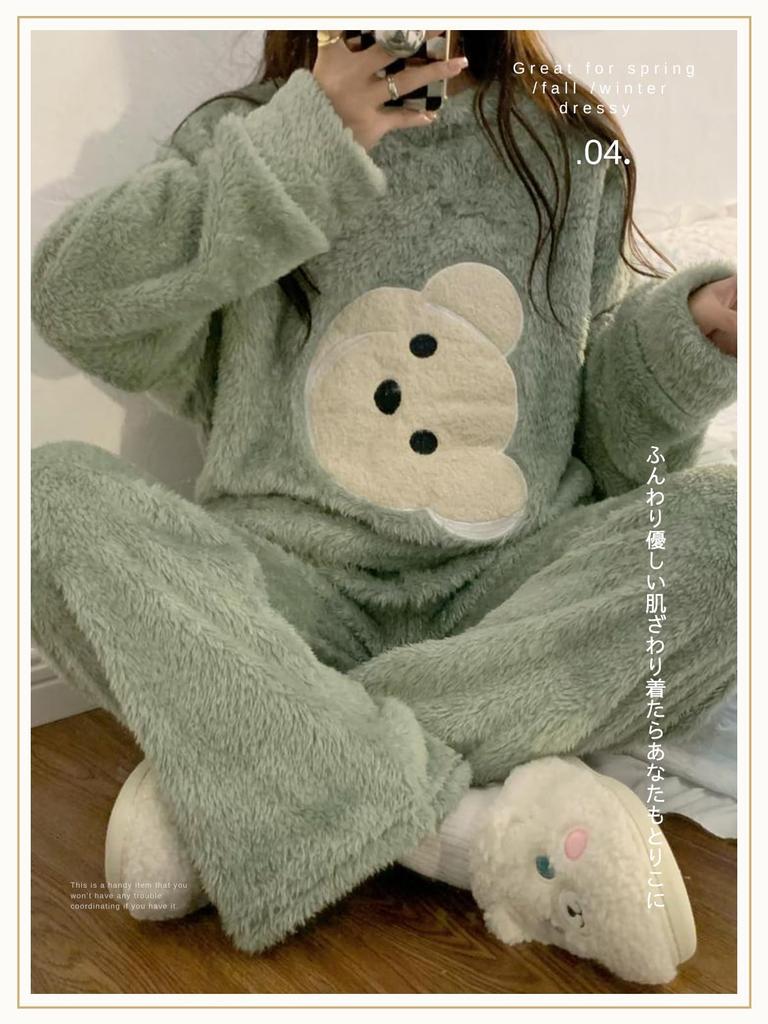 MilaCorinna Fluffy and Warm Flannel Pajamas Set with Cute Bear Solid Long and Lightweight Pajama Set for Fall and Winter Women's Design, Color,
