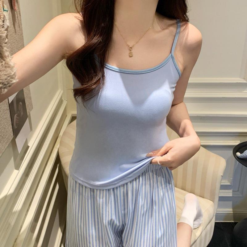 Cartoon Camisole Tank Top Pajama Set with Chest Pads - Women's Cozy Summer Home Wear with Shorts