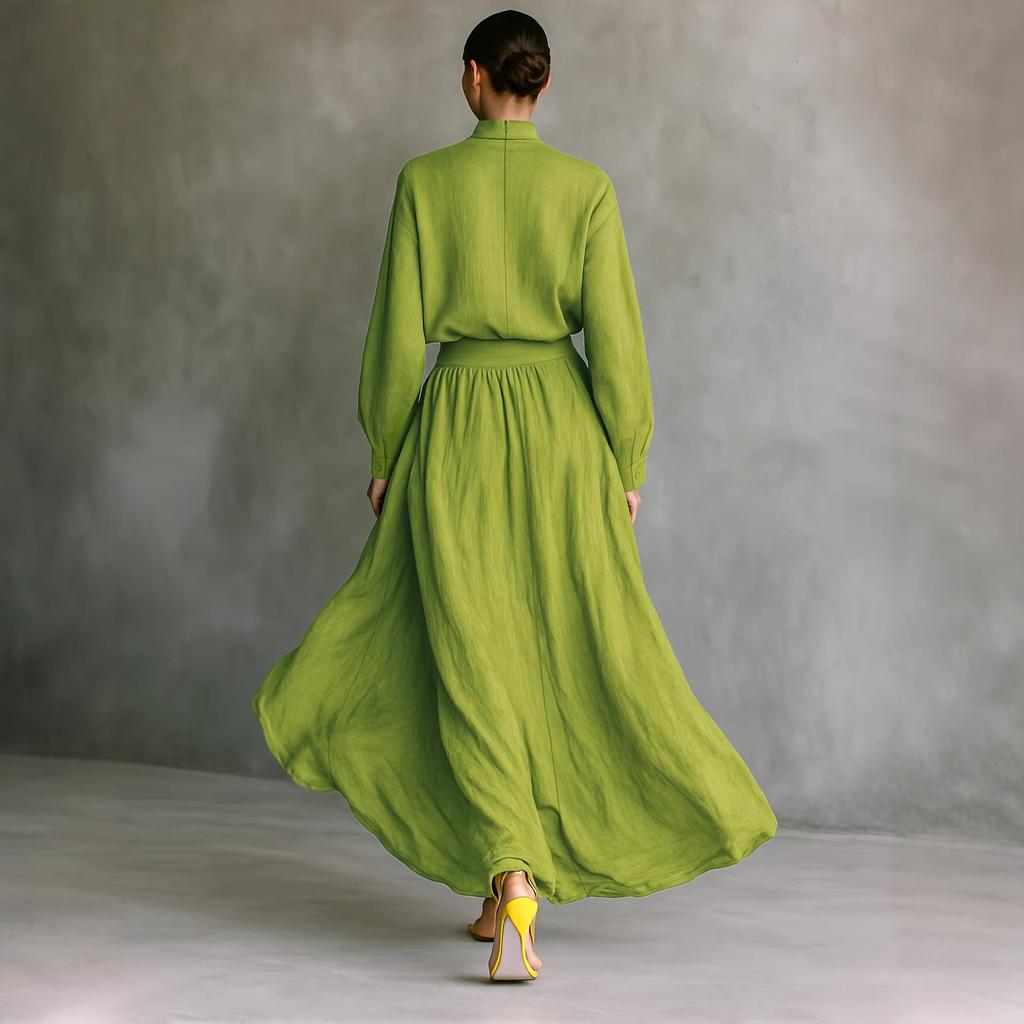 European and American French Lazy Style Green Turtleneck Loose Knitted Top Skirt Two-piece Set