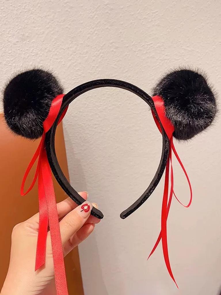 1Pcs Red Nezha Headband for Women Fluffy Ball Headpiece Cute Pom Hair Accessory Chinese Costume Headwear