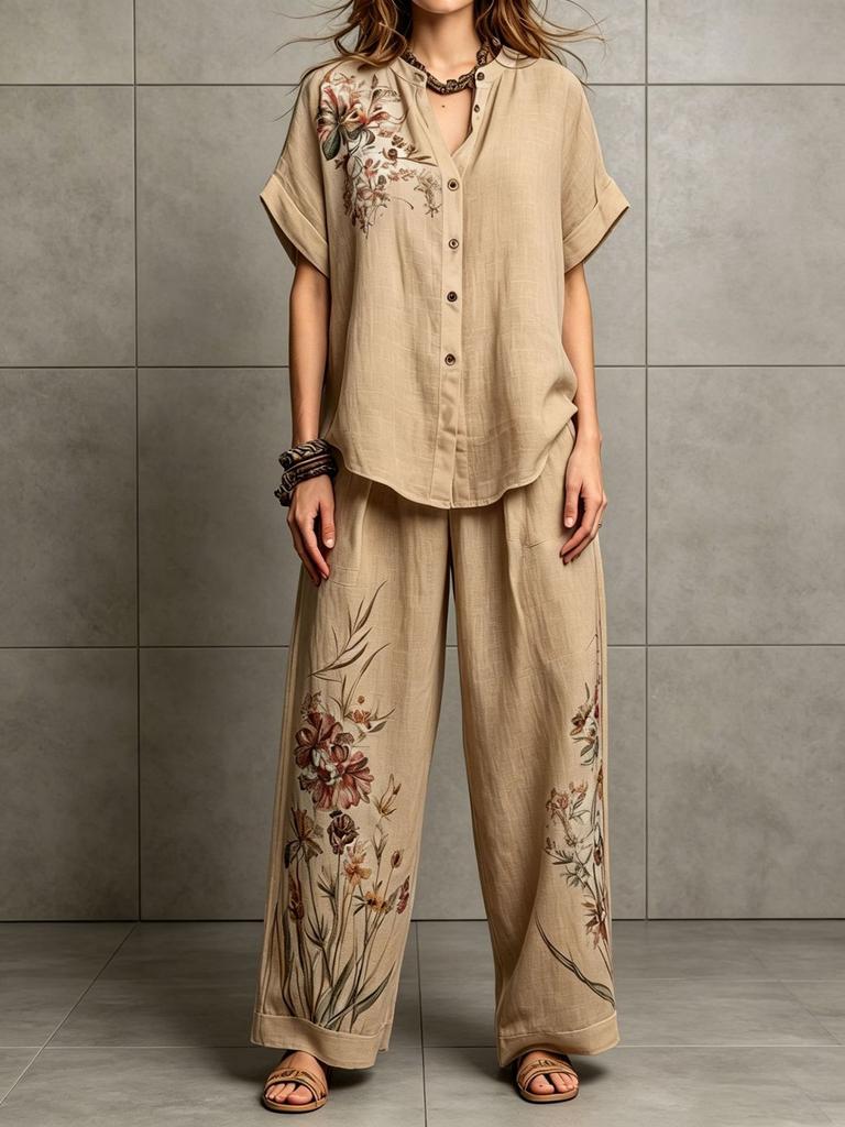 Women Floral Print Two Piece Outfit Short Sleeve Button Up Top Wide Leg Pants Casual Loose Fit Loungewear Set