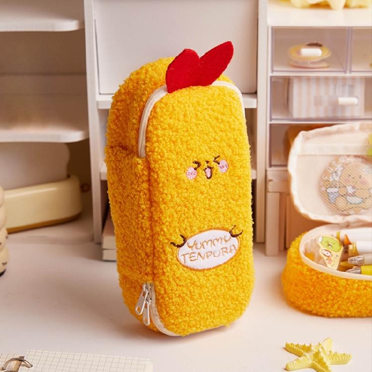 Cartoon Furry Shrimp Pencil Case Large Compartment Plush Pencil Pouches Zippered Closure For Offices School Travel Use