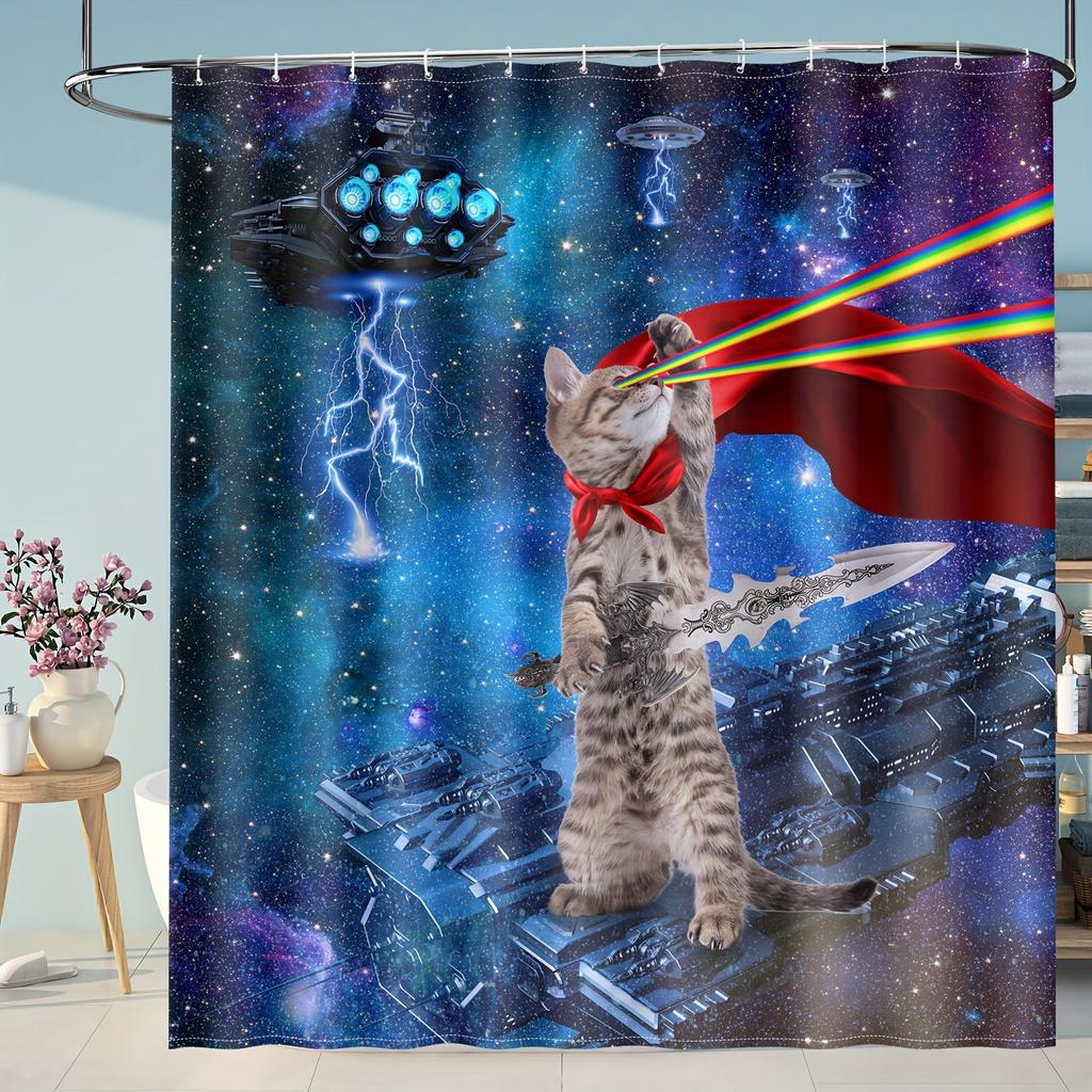 Space cats emit cool light, shower curtains decorate the bathroom, perfectly adding mysteries to the universe