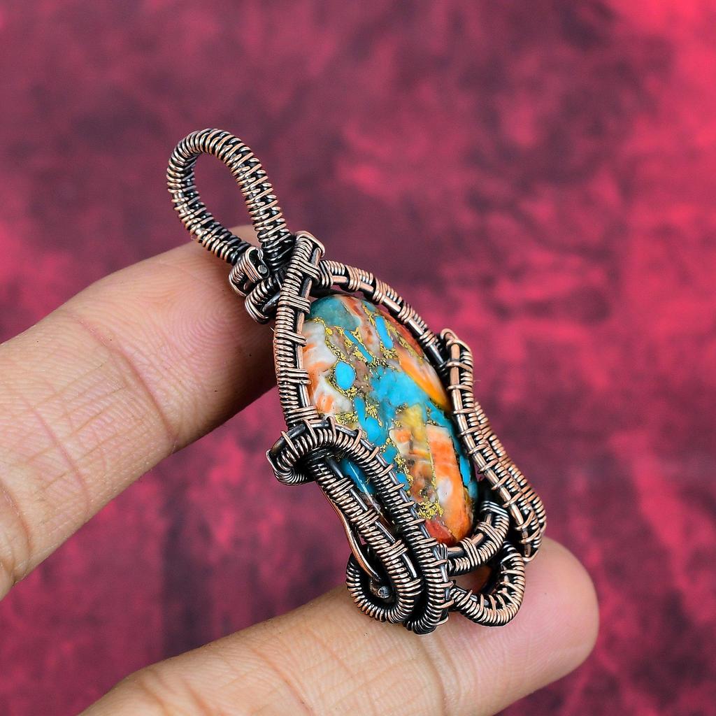 Spiny Oyster Copper Turquoise Pendant Copper Wire Wrapped Gemstone Pendant Handmade Birthstone Pendant Copper Wire Jewelry Gifts for Friend