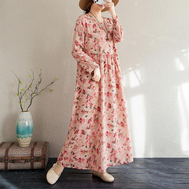 Early Spring Floral Vacation Style Travel Round Neck Retro Long Dress for Women Long Sleeved Vintage Dresses