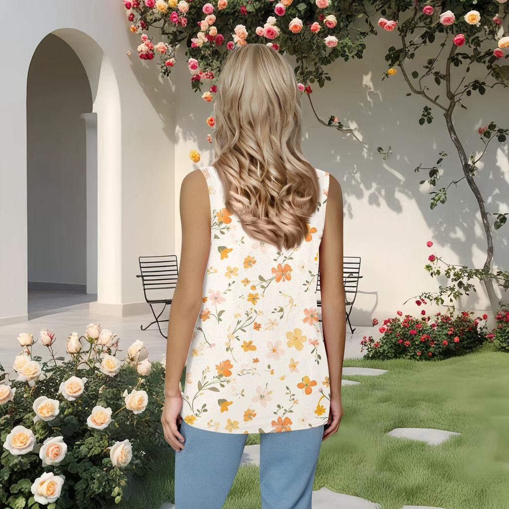 Women's Fashion Casual Pleated Square Collar Sleeveless Vest Print Summer T-shirt