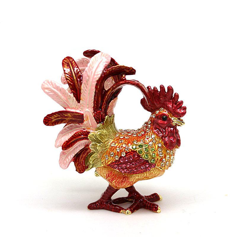 Metal Craft Enamel Jewelry Box, Handmade Crafts, Home Decor, Golden Rooster Trinket Box Gift for Friend Ornament for Counter