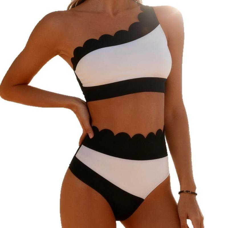 Europees en Amerikaans Nieuw Schuin Schouder Split Zwempak Kleurcombinatie Tankini Sport Strand Zwempak Dames