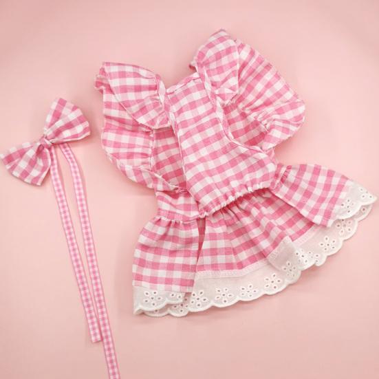 Yousheng 1 Set Pet Princess Dress Lace Patchwork Eye-catching Comfortable Soft Square Collar Dress Up Ruffle Sleeves Plaid Print Puppy Dog Skirt Pet