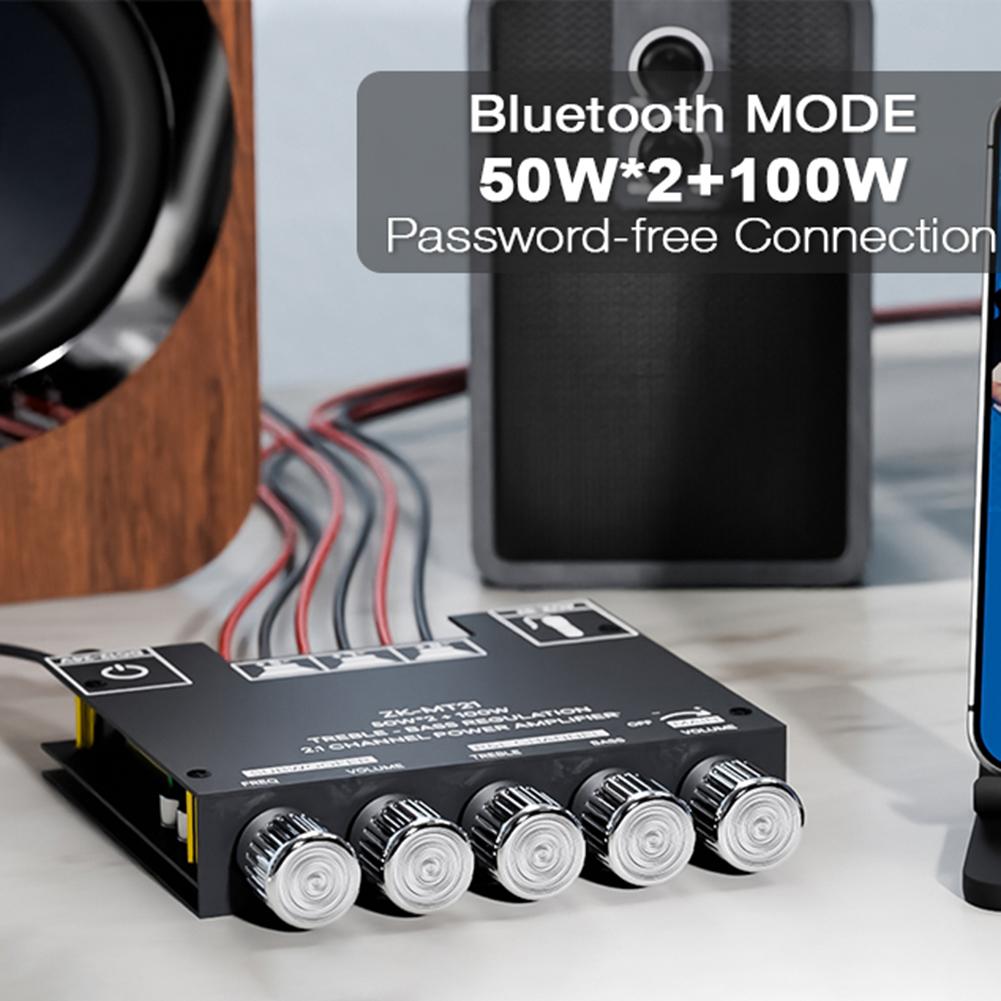 2.1 Channel Bluetooth-Compatible Stereo Digital Audio Amp Board with Treble and Bass Control 50Wx2+100W BT 3.5mm AUX for Speaker