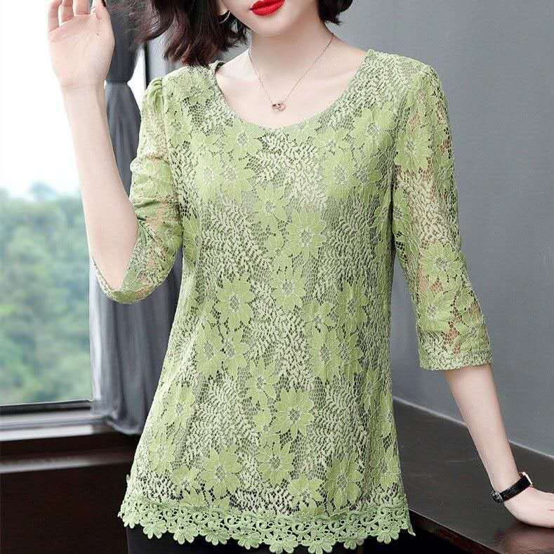 Lace 3/4 Sleeve Plus Size Women's Top Autumn T-shirt Versatile Belly Covering Westernized Shirt