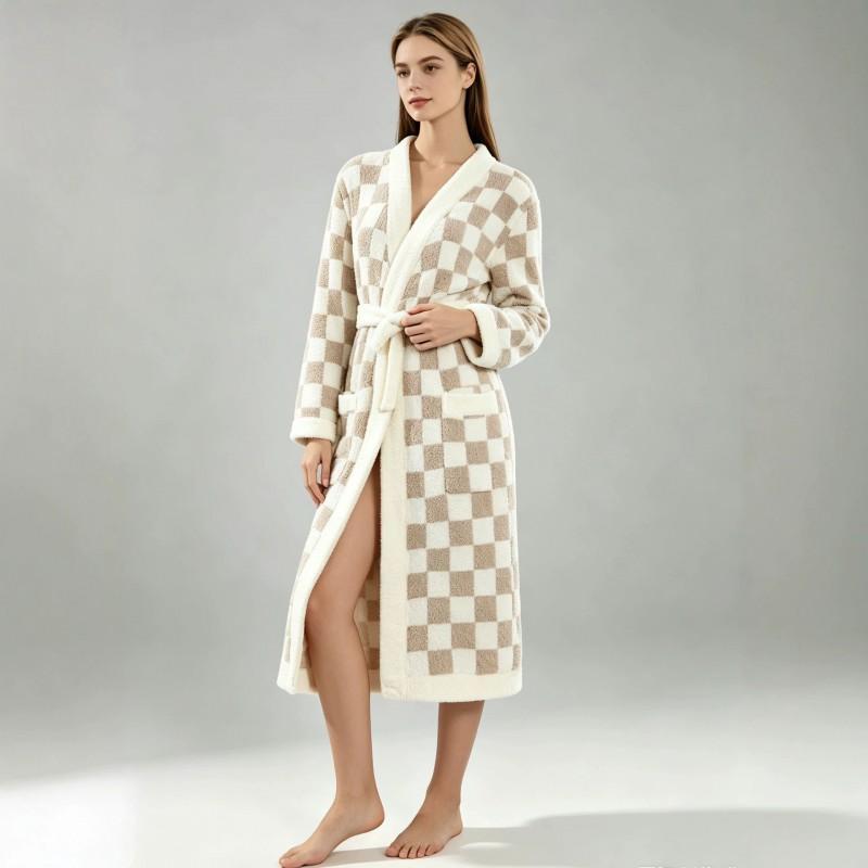 Thick Plaid Fleece Robe Women Long Sleeve V-Neck Hooded Sleepwear Cozy Home Lounge Wear Winter Fall