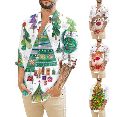 Men's Christmas Shirts Long Sleeve Floral Printed Button Up Tops Funny Cute  Graphic Dress Shirt