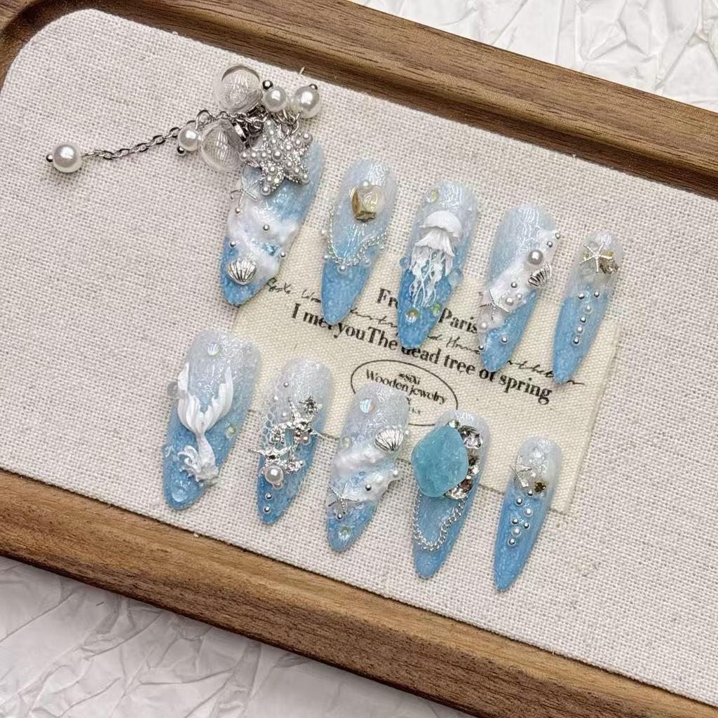 Blue Ocean Silver Tassel Luxury Medium-Length Pointed Nails - Handmade & Wearable