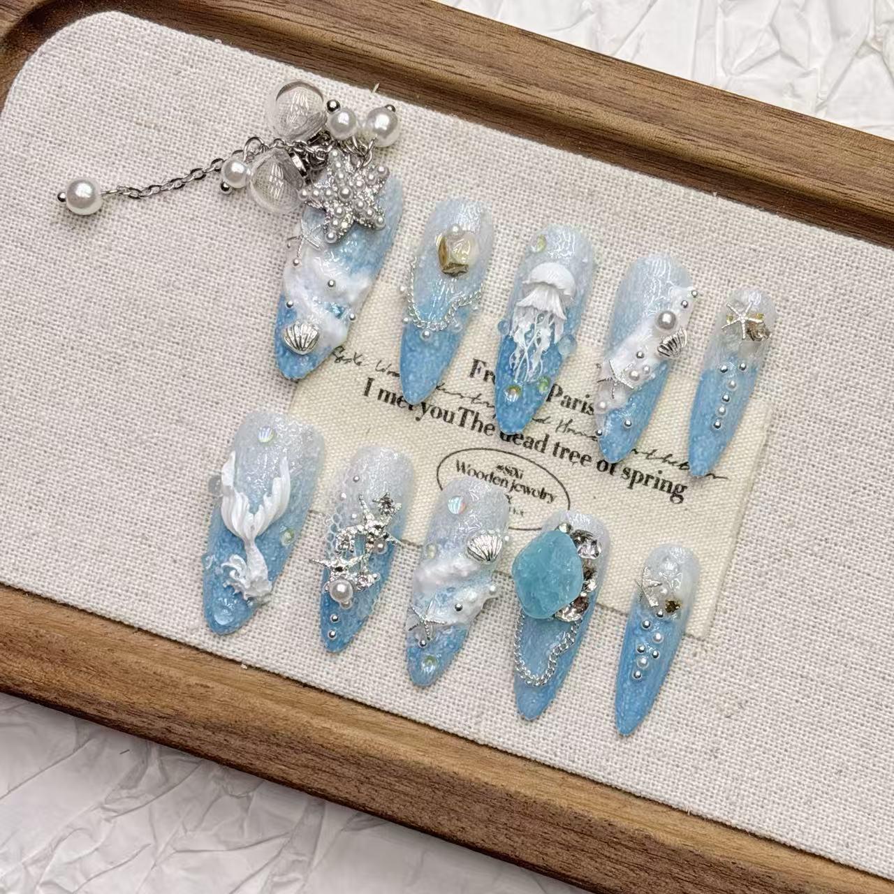 Blue Ocean Silver Tassel Luxury Medium-Length Pointed Nails - Handmade & Wearable