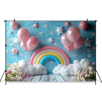 Mocsicka Rainbow Balloons Background Flower Light Blue Brick Wall Baby Shower Birthday Decorations Backdrops Cake Party Supplies