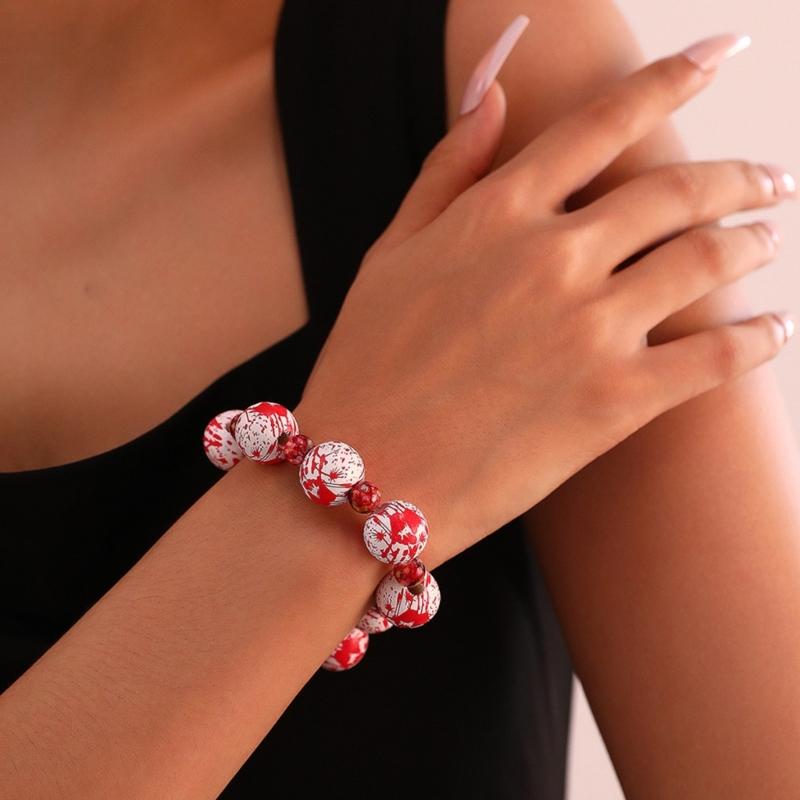 Skull Pumpkin Spiders Bead Bangle Simple Halloween Beaded Bracelet Wristband Adjustable Elastic Bangle Statement Jewelry