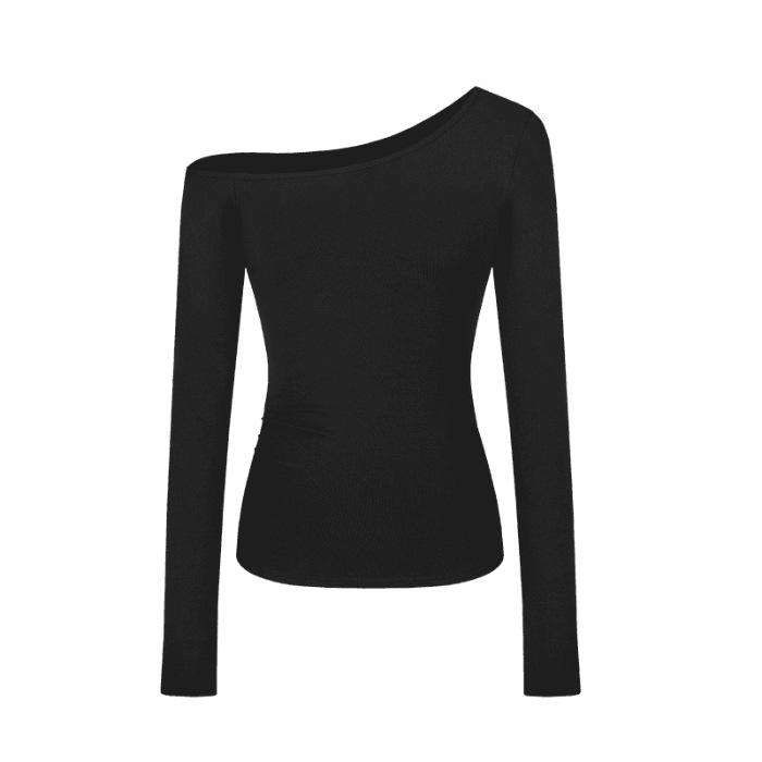 Hong Kong Style One-Shoulder Long-Sleeve Solid Color Slim Fit Chic Women's Top for Spring & Autumn