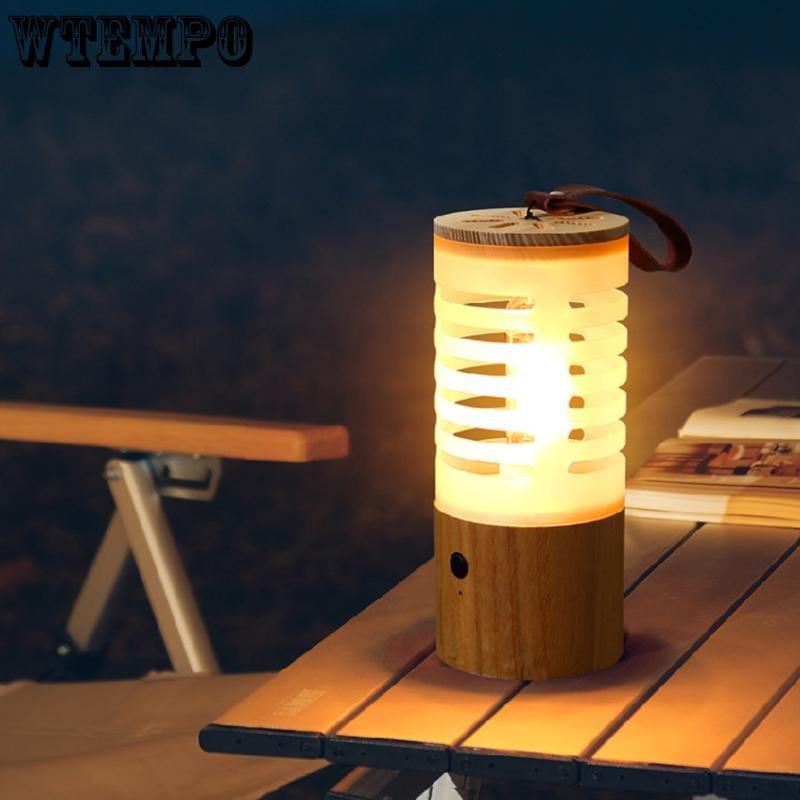 Creative Outdoor Camping Lights Tungsten Filament Warm Light Hand Lamp Hangable Atmosphere Lamp Small Night Light with White Wax Wood Countertop