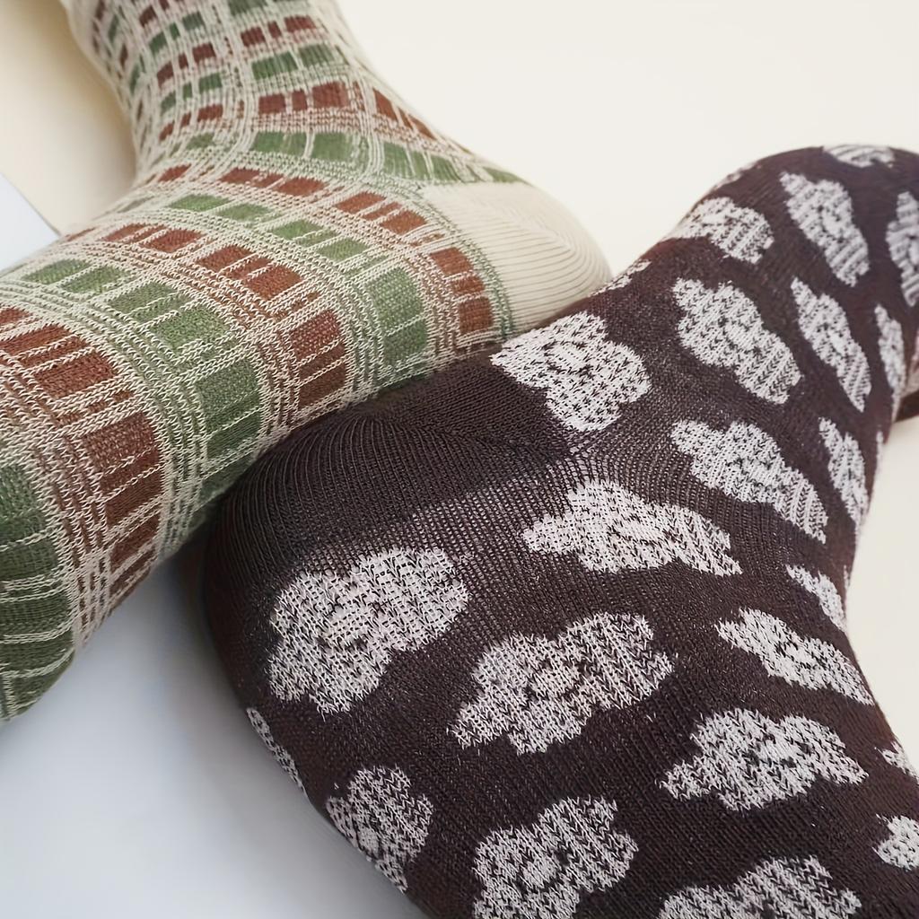 5 Pairs Women's Japanese Retro Checkered & Floral Print Mid-Calf Socks - Assorted Patterns, Soft Breathable FabricCute Socks, Comfortable Wear