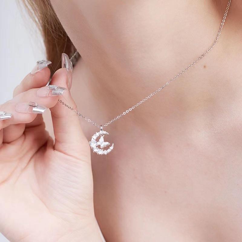 Moon Butterfly Necklace Summer Collarbone Chain With Star Sparkling Zircon Simple And Elegant Minimalist Luxury Unique Gift For Girlfriend