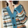 Autumn and winter foreign style striped retro jacquard long-sleeved knitted cardigan fashionable V-neck contrasting color with loose sweater jacket